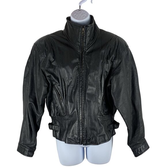 VTG Berman's Womens Black Leather Motorcycle Jacket SZ L Side Cinch - Picture 1 of 13